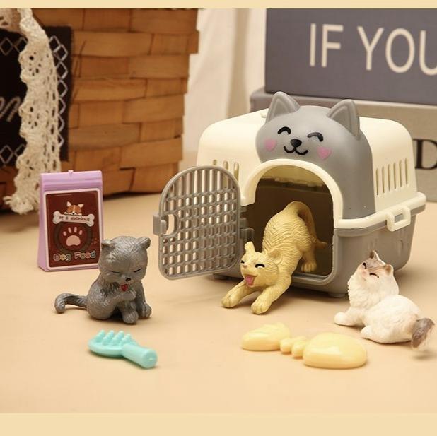 Мини-фигурки животных (кошка, собака), игровой набор, игрушечный набор для ролевых игр «Уход за питомцами» с клеткой и аксессуарами для кормления для детей
