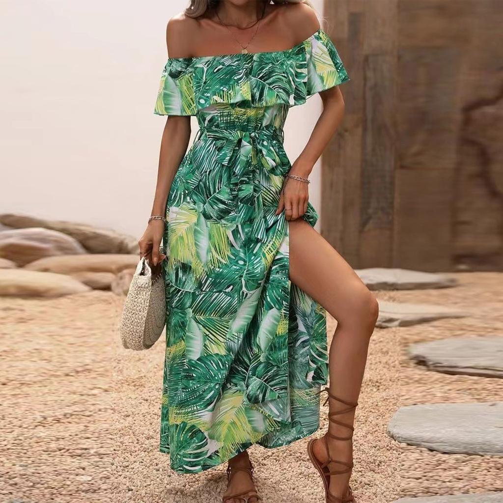 Women's Summer Straight Neck Ruffled Waist Dress