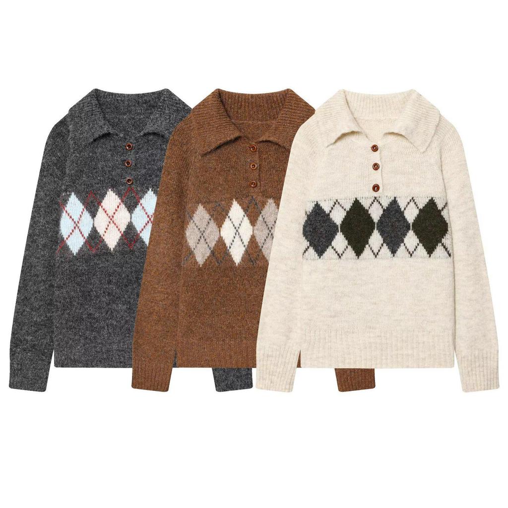 European Style 2026 Women's Fashionable Lapel Horizontal Diamond Knitwear Top