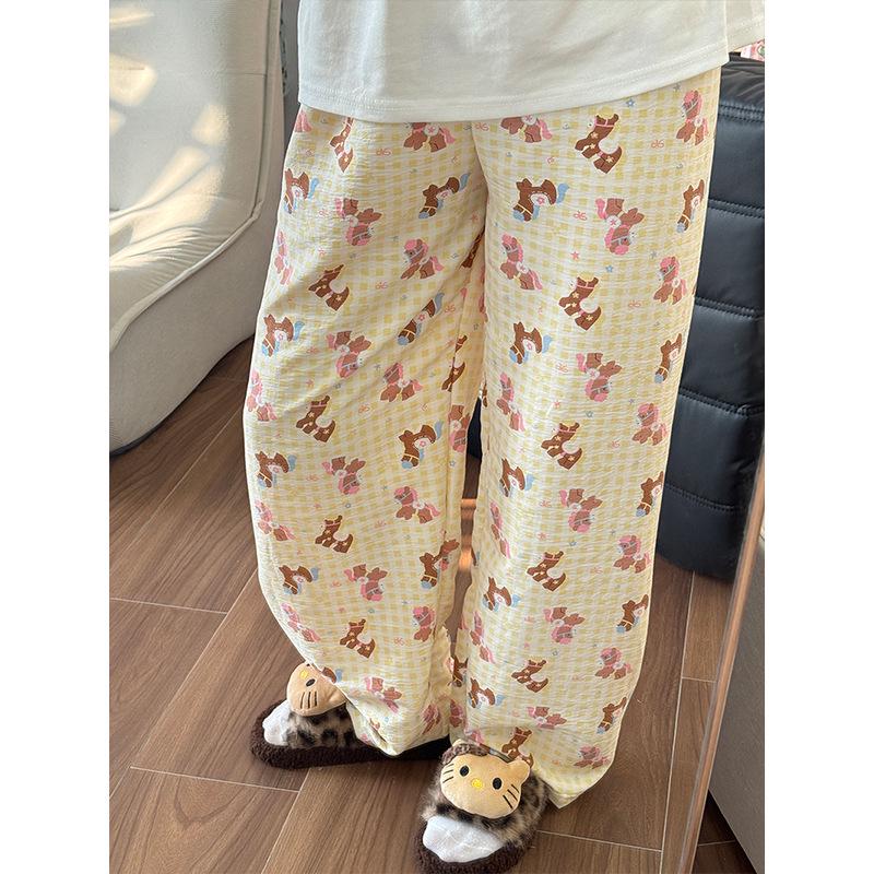 Женские Милые Розовые Клетчатые Пижамные Штаны с Медвежонком - Весенне-Осенний Стиль, Повседневные, Свободный Крой, Идеальны для Дома или Улицы