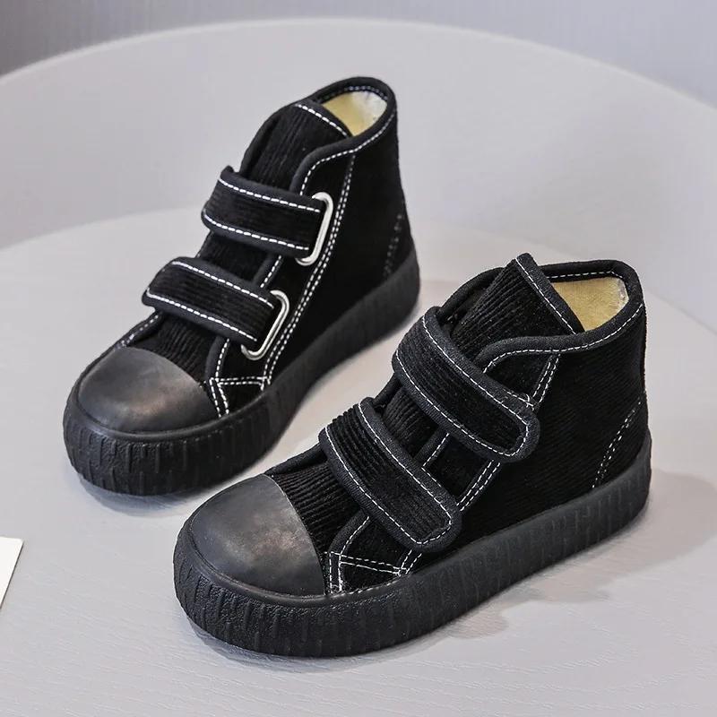 Hook&Loop Soft Corduroy Kids Sneakers School Casual All-match Children Girl Shoes High Top Autumn Boys Boots E08051