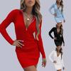Women's Autumn and Winter Slim Fashion Lapel Solid Color Zipper High Waist Deep V Long Sleeve Dress