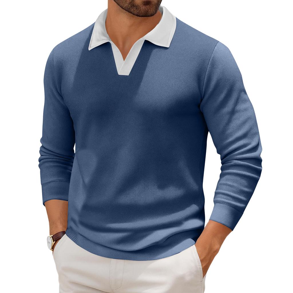 Мужской повседневный трикотажный базовый топ с длинным рукавом и воротником в стиле колор-блок