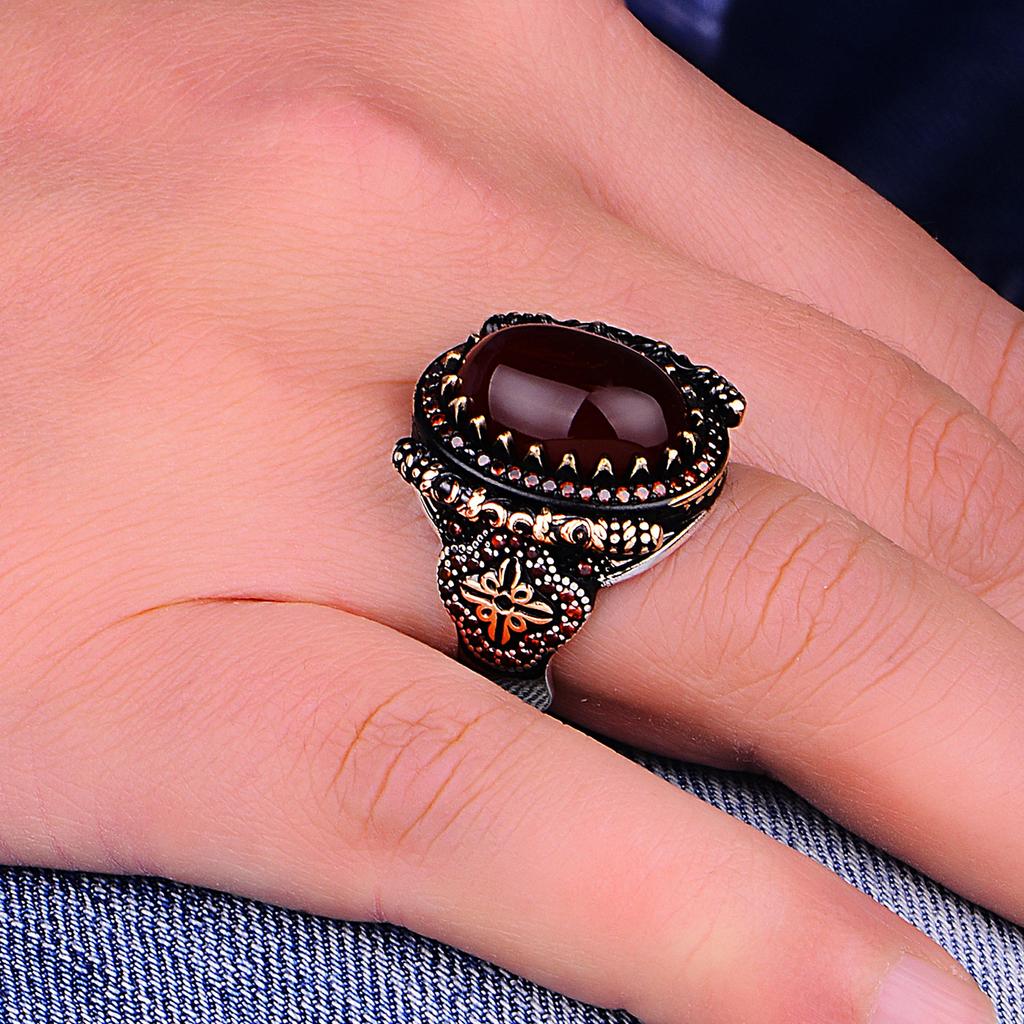 Серебряное мужское кольцо из натурального красного агата 925 карата, османский дизайн, роскошный мужской подарок