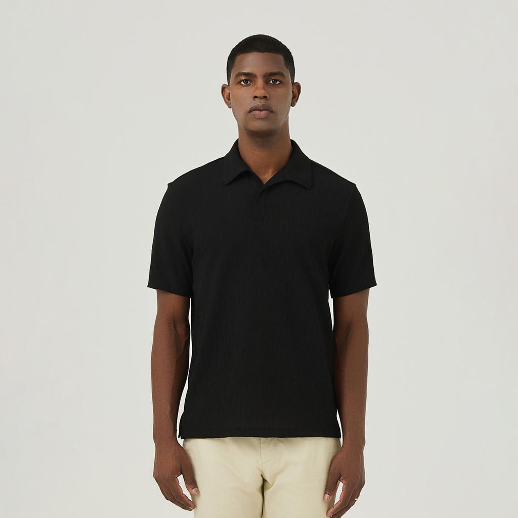 FERRAROMILANO Woven Crinkle Y-Polo Shirt Black (Am0Ftty25139)