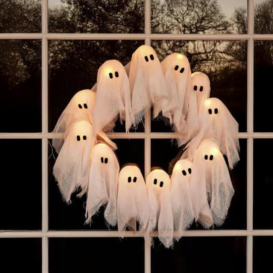 Handmade Lit Ghosts Wreath Halloween Ghost Garland with Lights Battery-Powered LED Light-Up White Spooky Garland Decoration