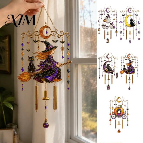 Bat Moon Themed Decor Halloween Stained Glass Style Wind Chime, Acrylic Suncatcher Hanging Ornament with Ghost Black Cat Raven Witch Festive