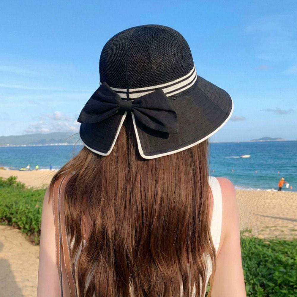 Weave Bow Fisherman Hat Large Bow Sunscreen Bucket Hat Elegant Women Sun Hat  Riding
