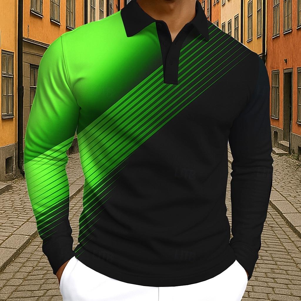 Men's 2025 Long Sleeve Polo Shirt,Polyester Slim Fit, Gradient Geometic Printed Casual Tops, Spring Autumn Quick Dry Performance