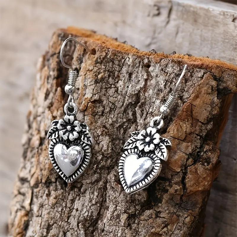 Huitan Vintage Antique Color Flower Heart Design Dangle Earrings for Women Temperament Ear Accessories Aesthetic Jewelry