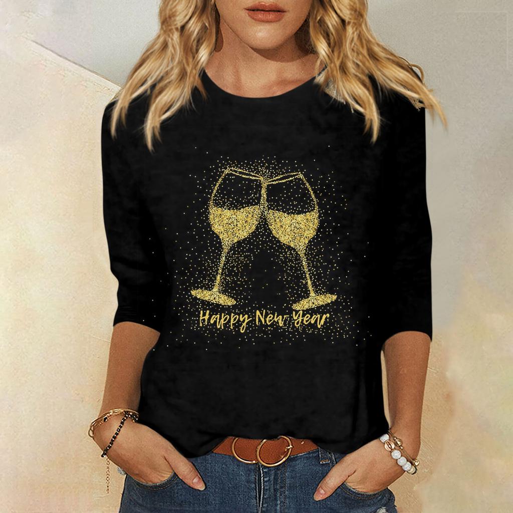 Women's Fashion Casual Round Neck 3/4 Sleeve Loose Christmas Printed T-Shirt Ladies Top