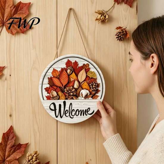 Handcrafted Wooden Wall Decor Interchangeable Welcome Sign for Front Door, 16 Changeable Icons, Rustic Weather Resistant Door Wreath, Farmhouse Hanger