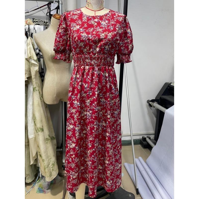 Elegant Summer Short Sleeve Fashion Floral Dress O Neck Women Loose Printed Casual Simple Aline Party Dresses Holiday Slim Fit Pleated Clothing