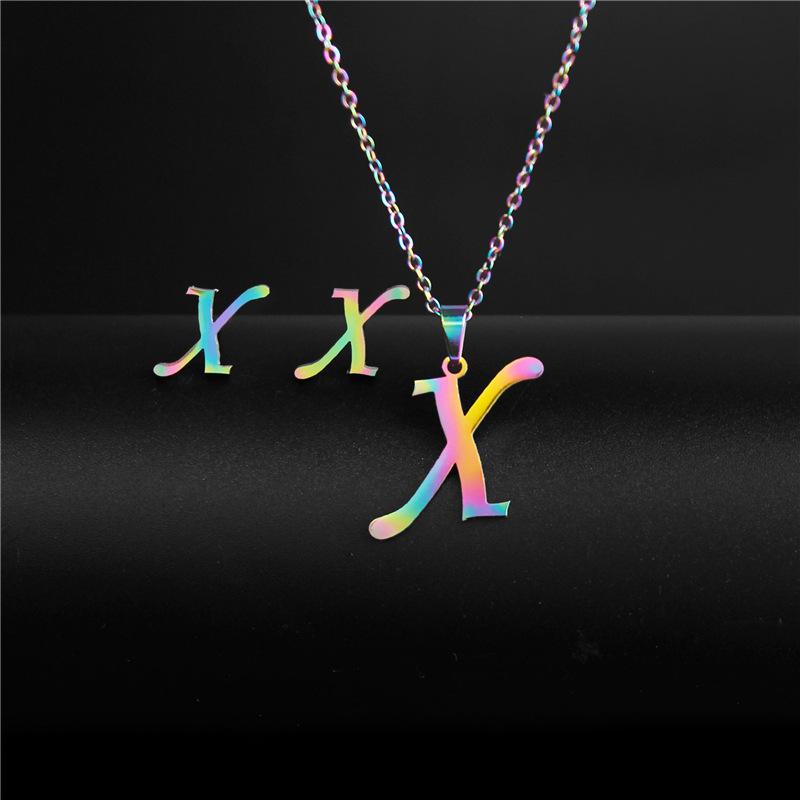 RUI RUI YU 26 Letter Colorful Stainless Steel Jewelry Sets for Women Men Alphabet Initial Chain Pendant Necklace Earrings Kids Gift