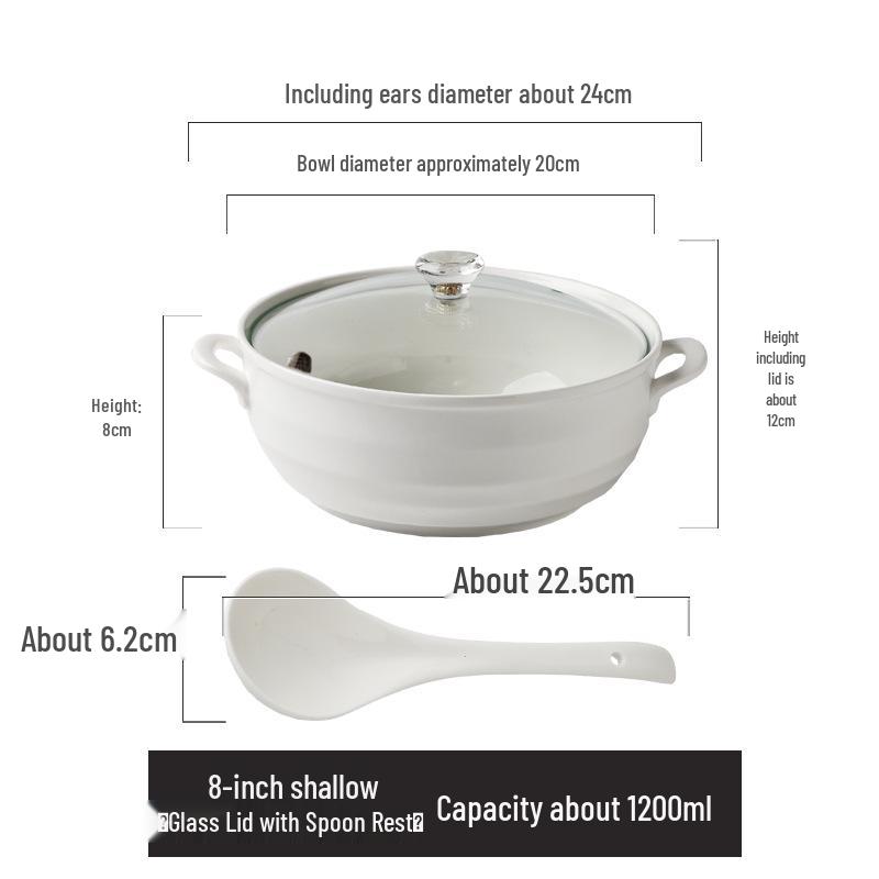Керамический набор суповых тарелок с двумя ручками и крышкой - Безопасно для микроволновой печи, Включает большую ложку и супницу, Чисто-белый, Креативный дизайн (8 мисок)