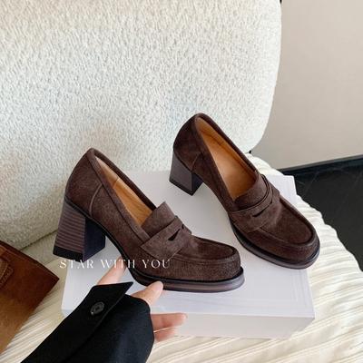 Коровья кожа~ Увеличение роста см ретро кожа толстый каблук женские туфли-лодочки с круглым носком на высоком каблуке обувь для ленивых с педалью маленькие кожаные туфли