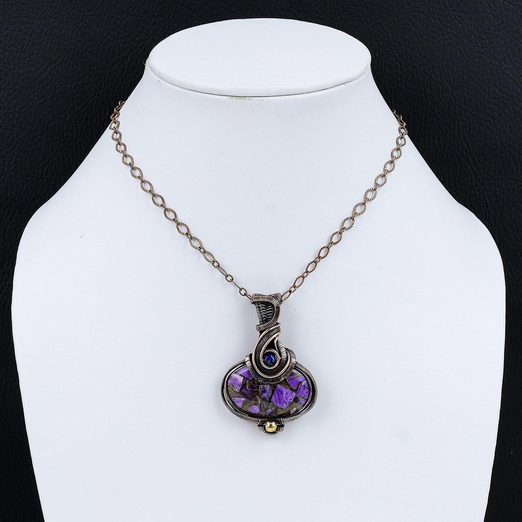 Медный кулон с чароитом, медная проволока, кулон, ювелирные изделия из драгоценных камней, кулон ручной работы, кулон из лазурита, красивые медные украшения для подарка