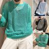 Men Hollow Top Mesh Fishnet Solid Color Round Neck Loose Long Sleeve Clubwear Hip Hop See-through Elastic Pullover Party Top