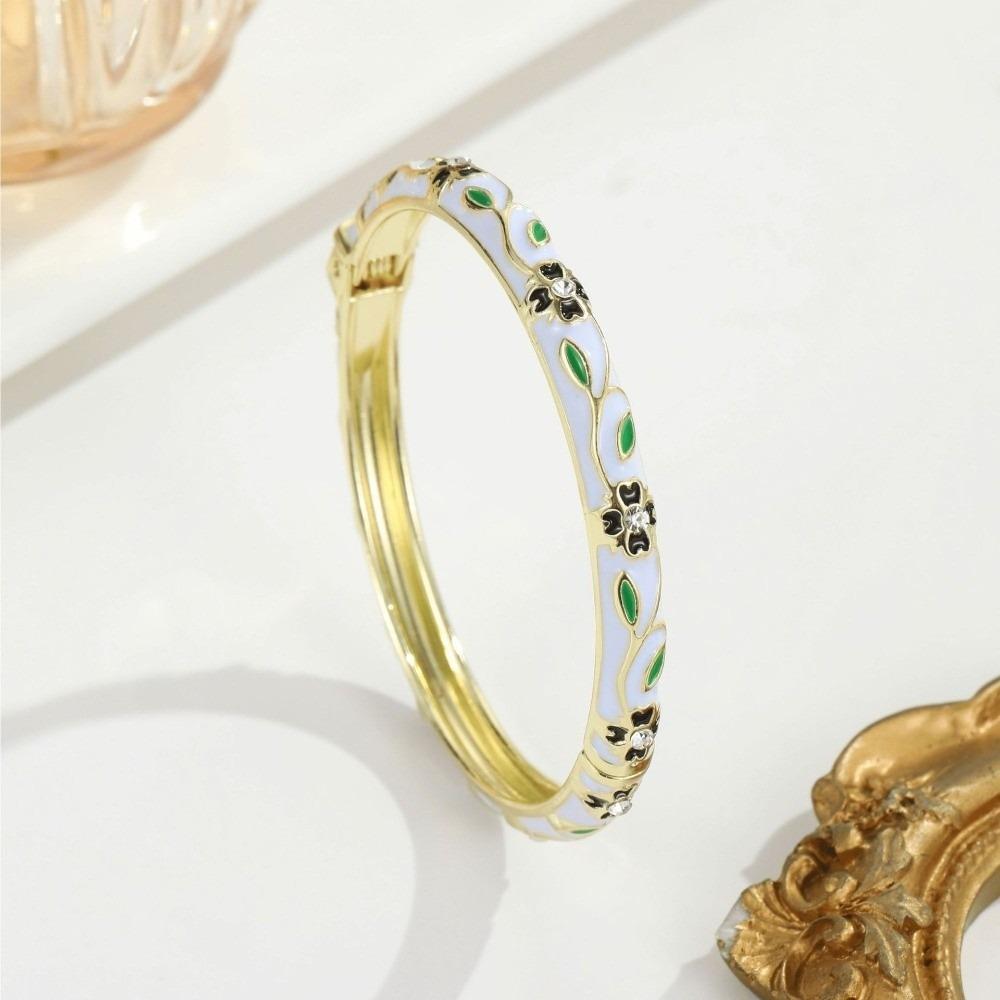 Metal Cloisonne Bracelet Retro Enamel Flower Bangle Closed End Enamel Bracelet Ethnic Style