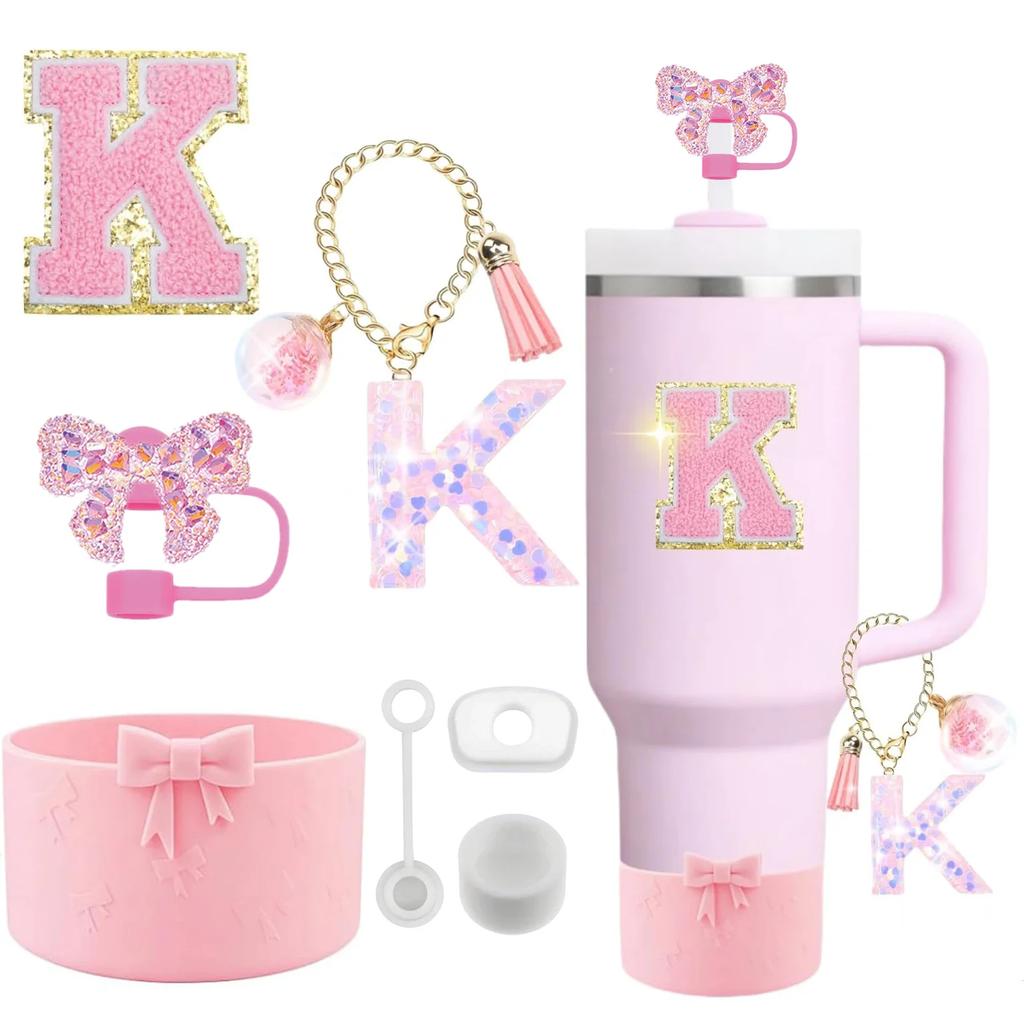 7PCS Pink Accessories for Stanley Cup 30/40 Oz Tumbler with Handle Bow Straw Topper Cover Cap Boot Initials Charm Letter Sticker