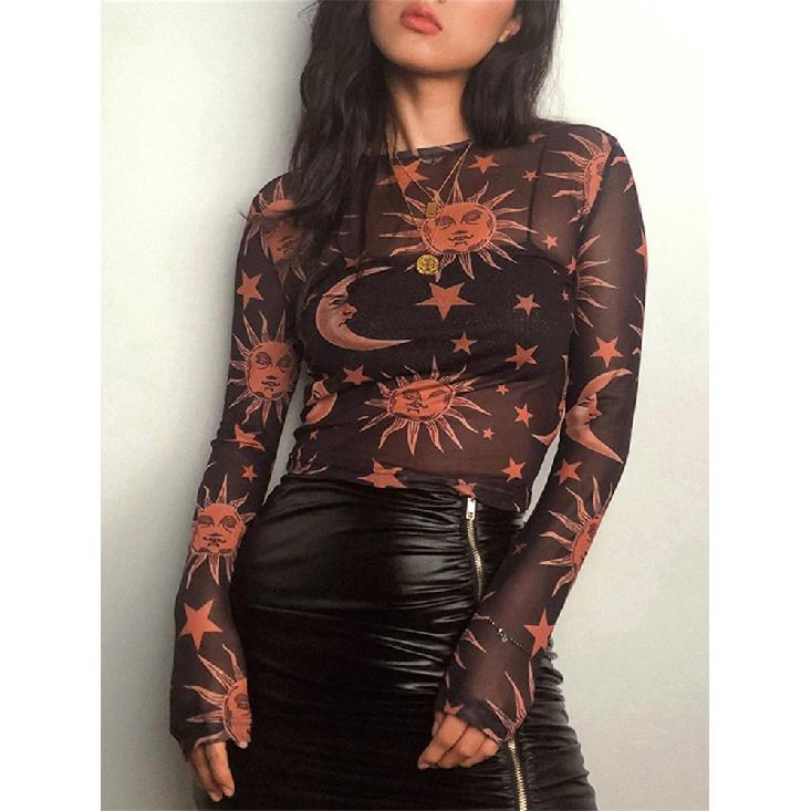 Sun Moon Printed Transparent Mesh Sexy T-Shirt Women O-Neck Long Sleeve Slim Basic Casual Female Tops 2026 Spring New