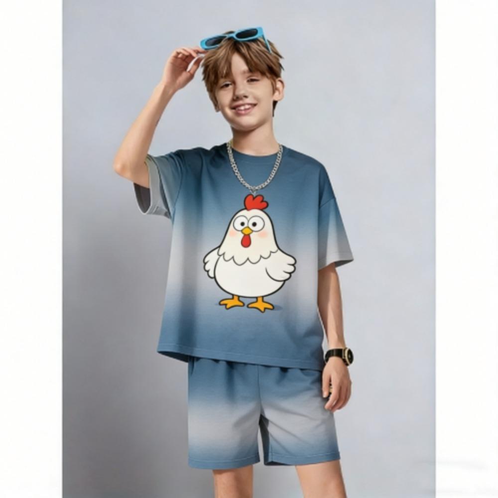 Men's Set Cartoon Chicken Warrior Printed Men's T-shirt and Shorts 2 Piece Set Summer Casual Outdoor Men's and Women's Outfit