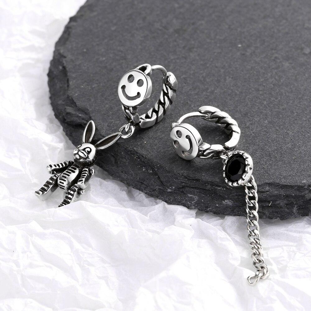 925 Sterling Silver Smile Long Tassel Thai Silver Hoop Earrings Rabbit Zircon Asymmetric Earring For Women Ear Jewelry S-E1061