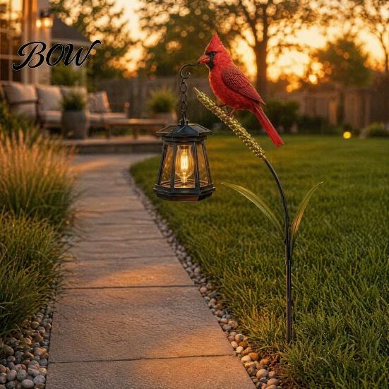 Outdoor Cemetery Lantern Metal Red Bird Garden Stake Lamp, Vintage for Yard Patio, Candle Lamp Rustic Ornament, Decorative Tribute Light