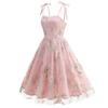 Women's White Vintage Hepburn Style Embroidered Spaghetti Strap Maxi Dress Lace Up Tie Waist A-Line Elegant Evening Cocktail Party Gown