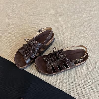 Новые полые римские сандалии на шнуровке для женщин, ретро, с круглым носком, универсальные, на толстой подошве, для пляжа