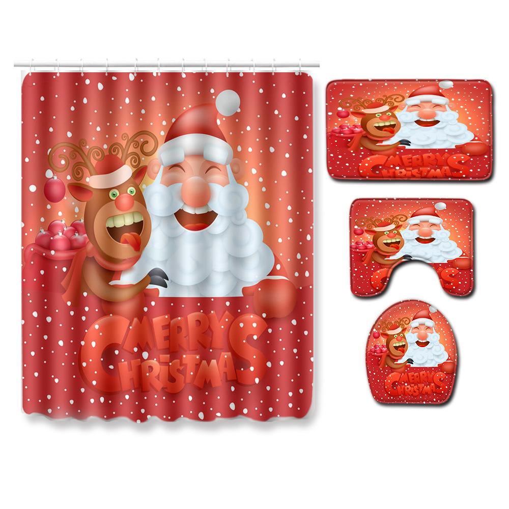 Christmas Waterproof Shower Curtain Four-Piece Floor Mat Combination Set Household Door Mat Bedroom Living Room Carpet
