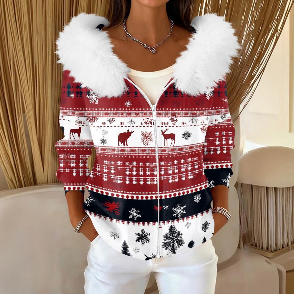 Women's Fashion Casual Sweater Zipper Print Cardigan Plush Hooded Jacket