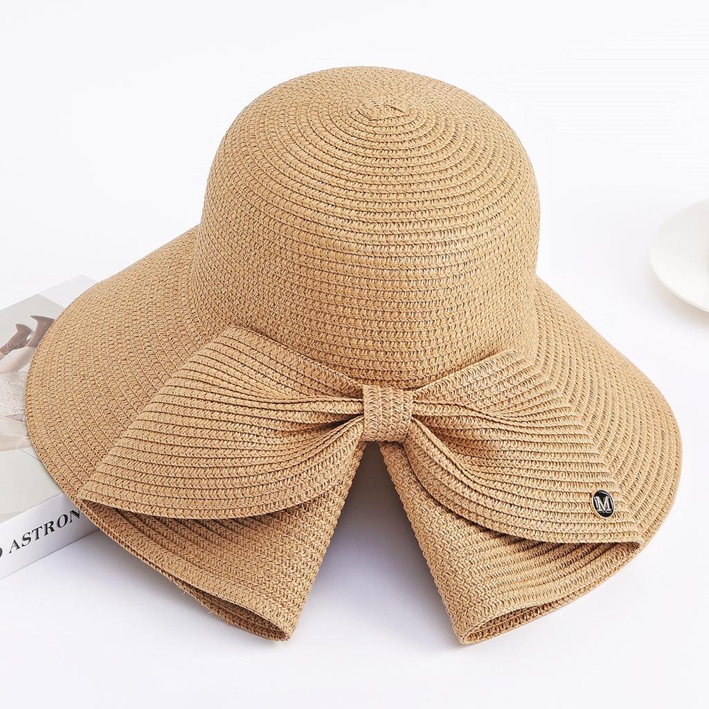 Women's Large Brimmed Summer Foldable Bow Woven Hat for Sun Protection and UV Protection, Fashionable and Versatile Sun Hat
