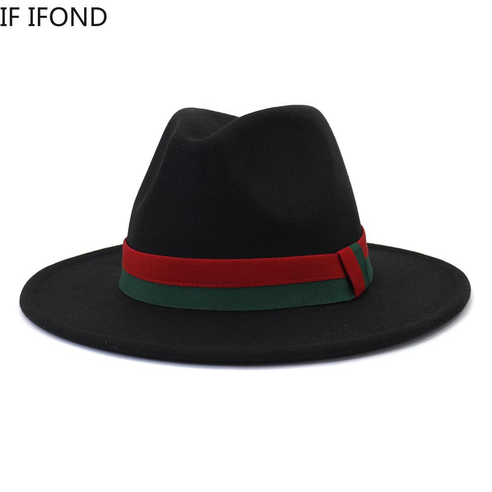 Фетровая шляпа Федора с красной зеленой лентой для женщин, классическое платье, официальная церковная зимняя шляпа, шерстяная панама с широкими полями, джазовая кепка