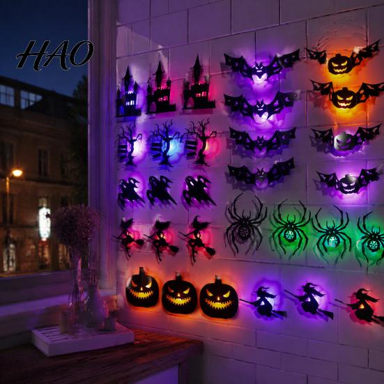 Wall Decor with LED Light 30Pcs Halloween Light, Glowing Bat Ghost itch Spider Silhouette Decoration Decoration, Spooky Light-Up Window Sticker