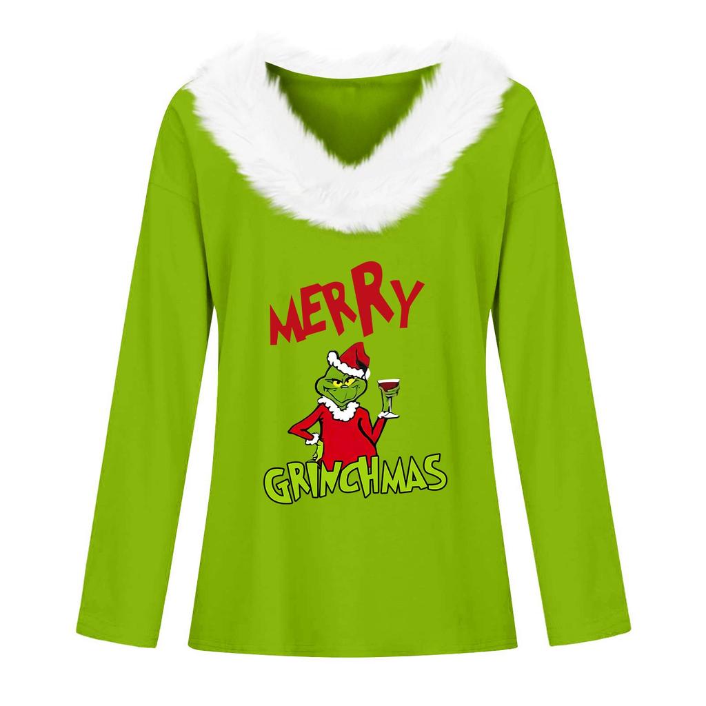 Women's T Shirt Tee Christmas Shirt Long Sleeve Party Christmas Fleece Collar V Neck Top