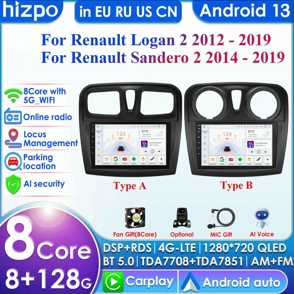 Hizpo Carplay 4G Android 13 автомобильное радио для Renault Logan 2 2014 - 2019 Sandero 2 мультимедийный видеоплеер GPS 2din Автомагнитола 7862 интеллектуальный экран
