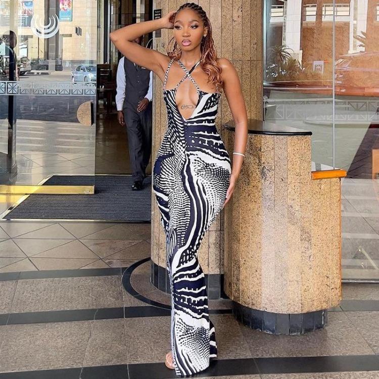 Summer Women Sleeveless V-Neck High Waist Backless Slit Pencil Dress Casual Spring Print Camisole Dresses Ankle-Length S-XL