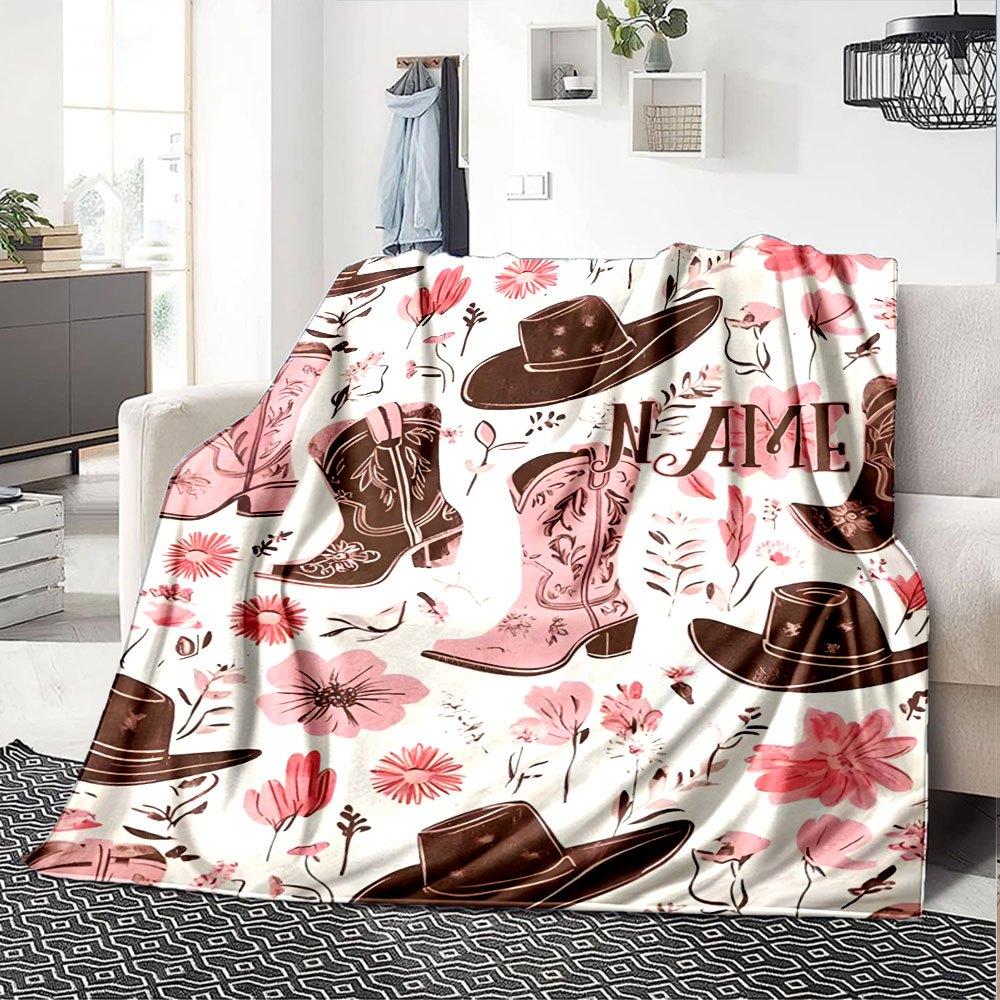 Western Cowboy Hats Boots Floral Home Customize Your Name Blankets Soft Comfortable Lightweight Quilted Blanket For Picnics Sofa Office Bed Living