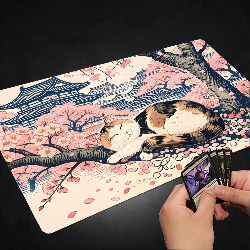 Ukiyo-e Sleep Cat Cherry Blossom Design Magic Party Game Mat Durable Rubber for MTG&TCG Games 35X60 Mouse Pad Offices Desk Mats
