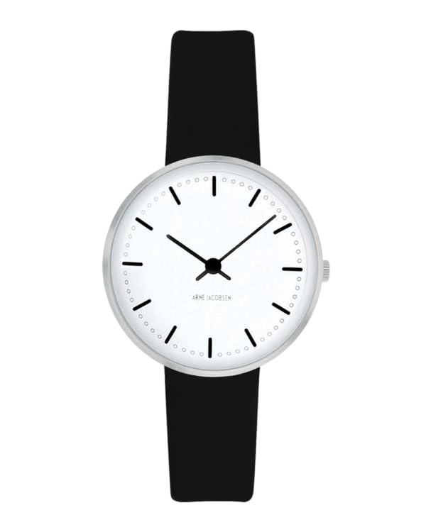 ARNE JACOBSEN CITYHALL 53200-1401 Watch, 30mm, Scandinavian Design, Water Resistant (Quiet Design with No Second Hand), White with Black Leather Strap