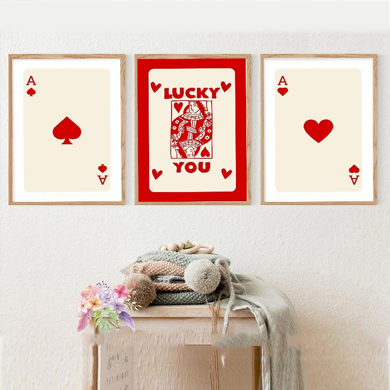 Забавный постер на холсте Lucky You, модный ретро-плакат с изображением карты красного туза, настенное искусство, скандинавская покерная живопись для гостиной, спальни, домашний декор