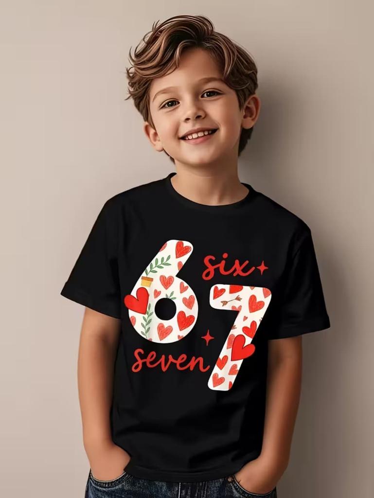 Valentine 67 Six Seven Meme Print T-Shirt 67 Number Round Neck Cute Casual Short Sleeve Comfortable T-Shirt Children's Clothing