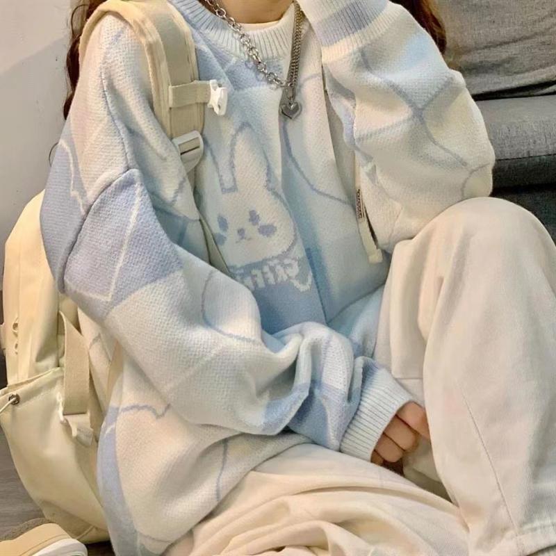 Японский винтажный вязаный свитер с героями мультфильмов, Harajuku, женские осенние новые пуловеры с круглым вырезом и длинными рукавами, джемперы больших размеров в консервативном стиле