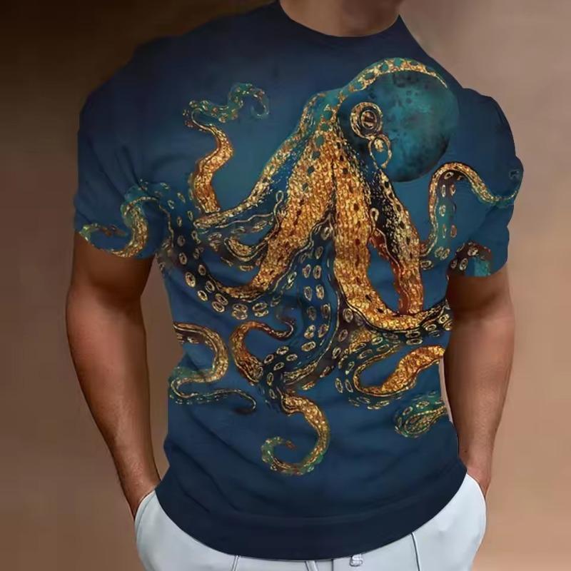 Мужская новая летняя футболка с коротким рукавом и 3d-принтом Hd с круглым вырезом и принтом «Океан», осьминог, индивидуальный ретро, ​​свободный топ больших размеров