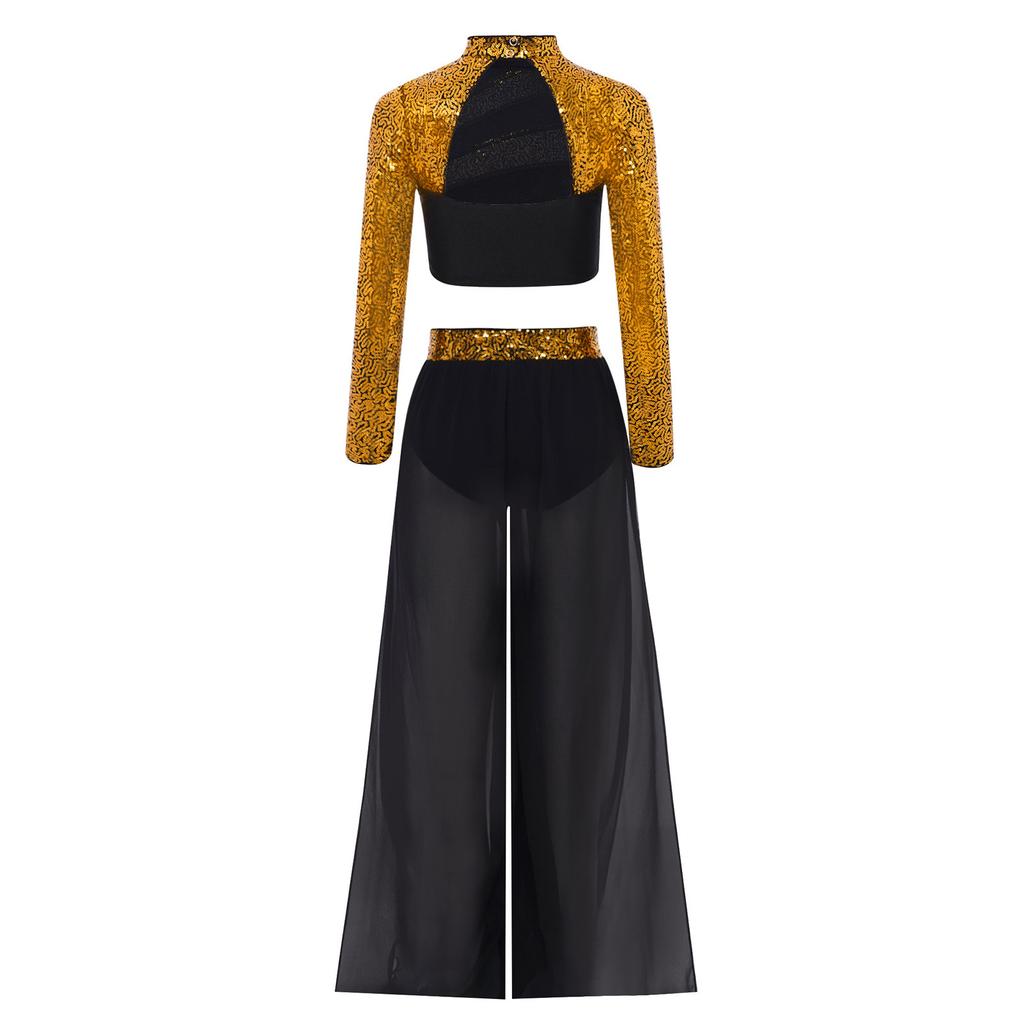 Girls Dance Two Piece Set Mock Neck Long Sleeved Sequins Cutout Back Crop Top with Chiffon Pants