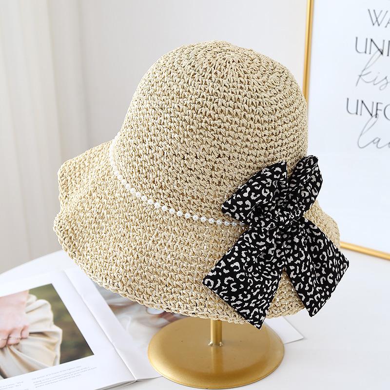 Весенние каникулы Бант Пятнистая соломенная шляпа Женская Новая Солнцезащитная Пляжная шляпа