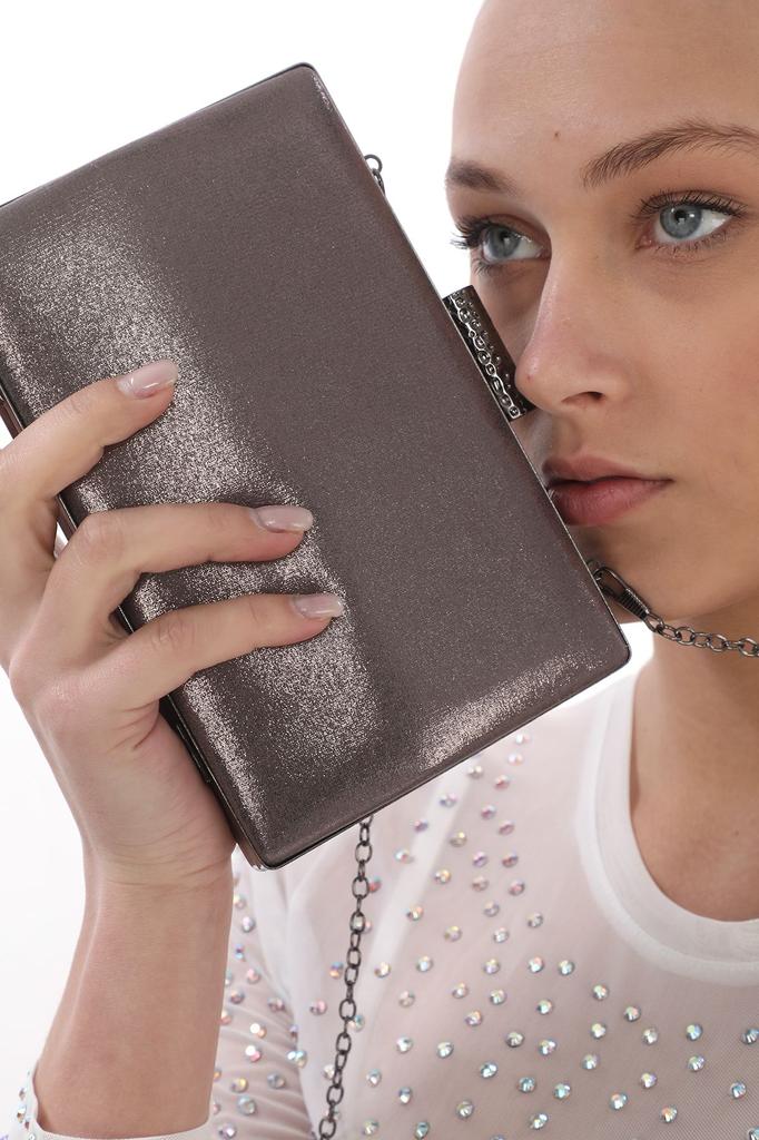 Women's Stylish and Useful Evening Dress Bag Silver Color Plaster Patterned Evening Dress Portfolio Clutch Women's Bag Handheld and Long Strap Usage