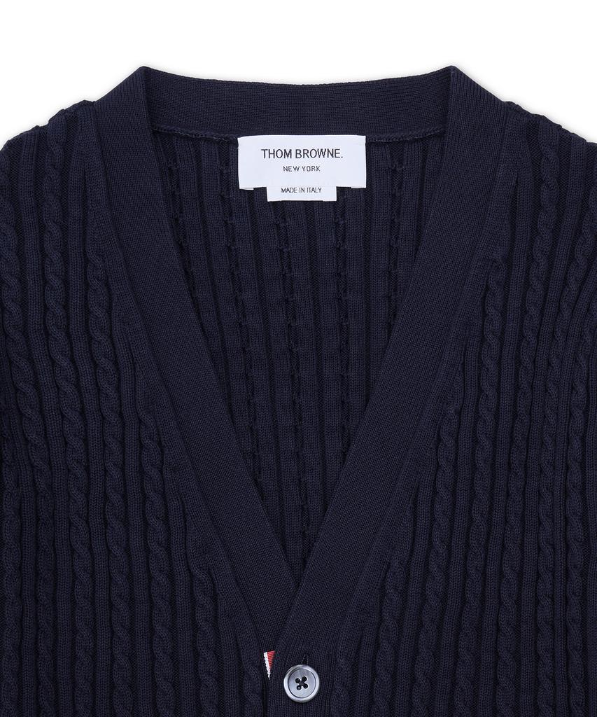Thom Browne Rwb Striped Cotton Baby Cable V-Neck Cricket Cardigan - Navy / Mkc640Ay3014415