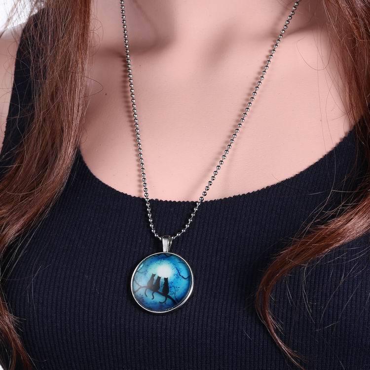 Светящееся в темноте кулон с циветой и кошками, ожерелье, черная цепочка с бусинами, длинное ожерелье для женщин и мужчин, подарок